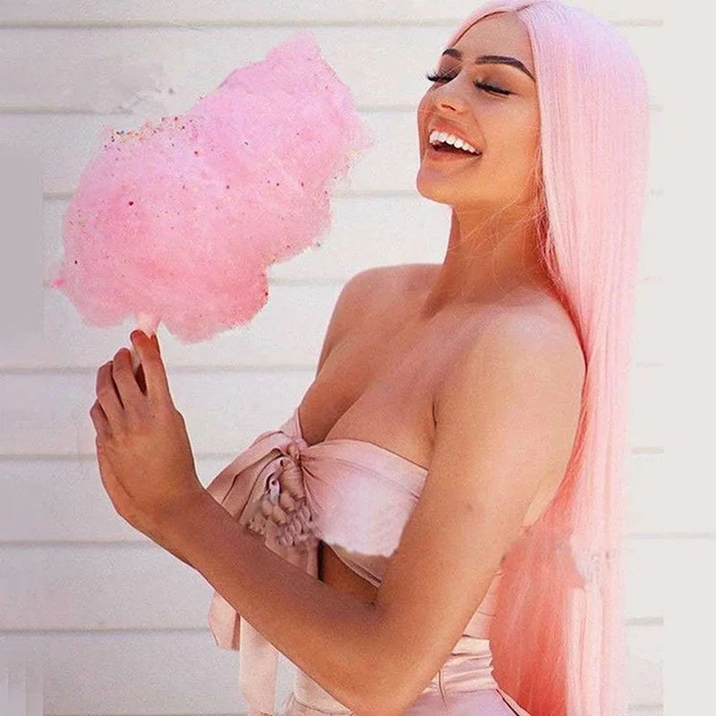 Heat-resistant pink wig 29.5 inch synthetic kanekalon fiber 120-180g density side angle view