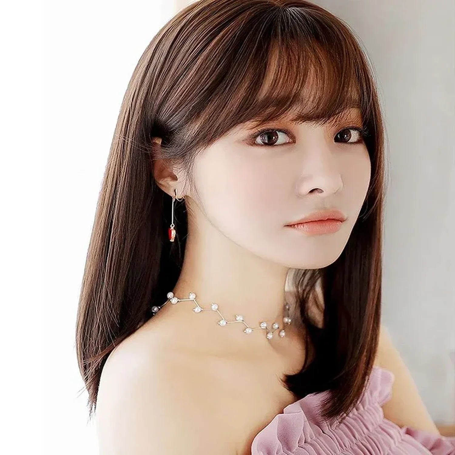 Synthetic fiber straight wig 18 inch pre-styled shake-and-go heat resistant full length view