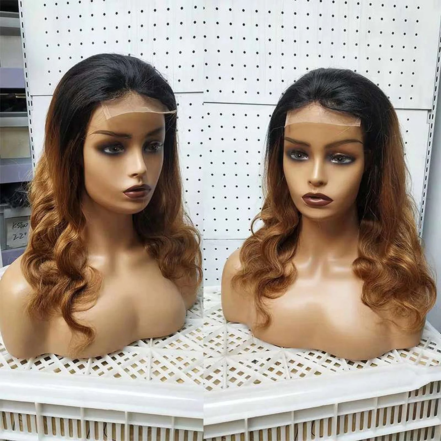 Black blonde ombre lace front wig wavy human hair natural texture dual view