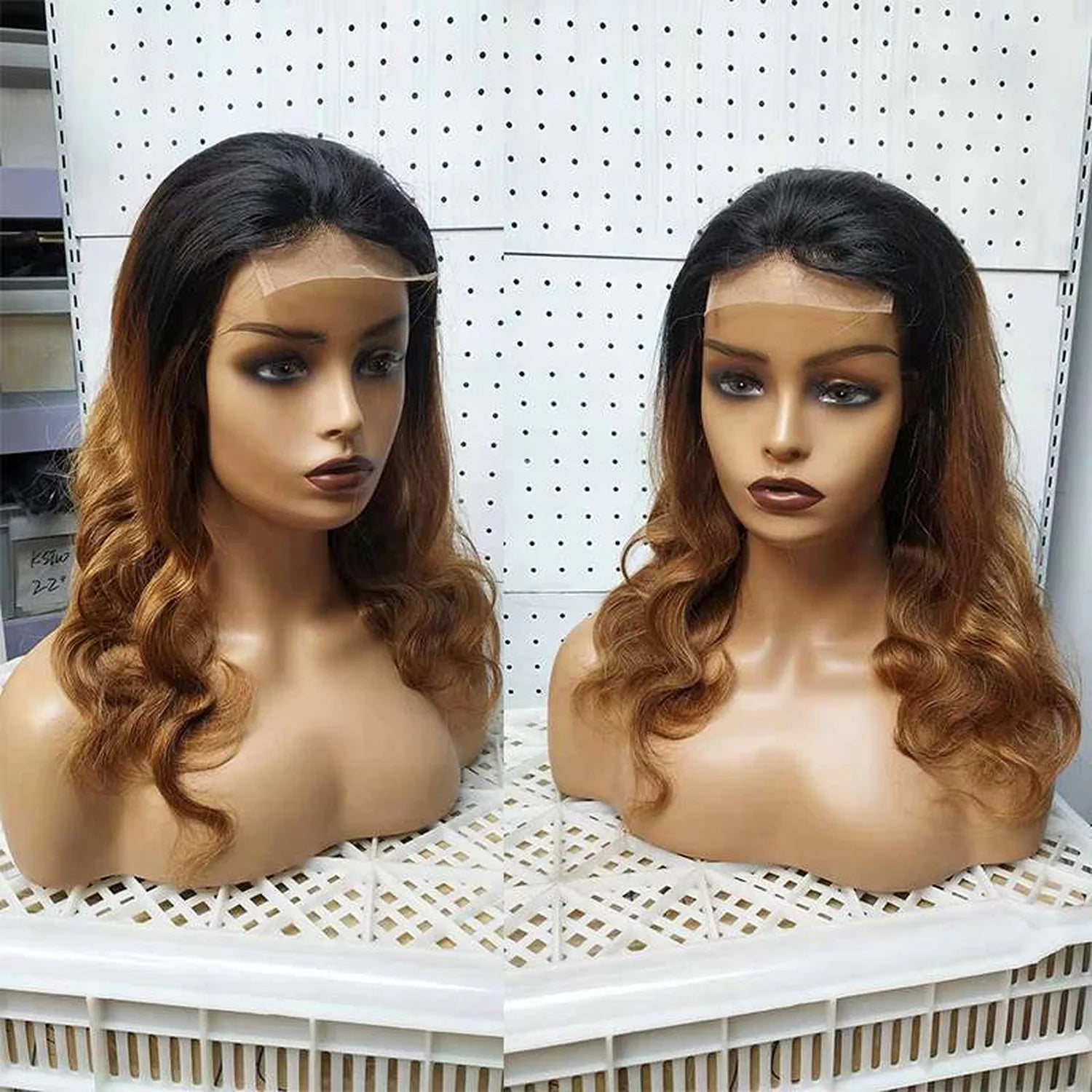 Black blonde ombre lace front wig wavy human hair natural texture dual view