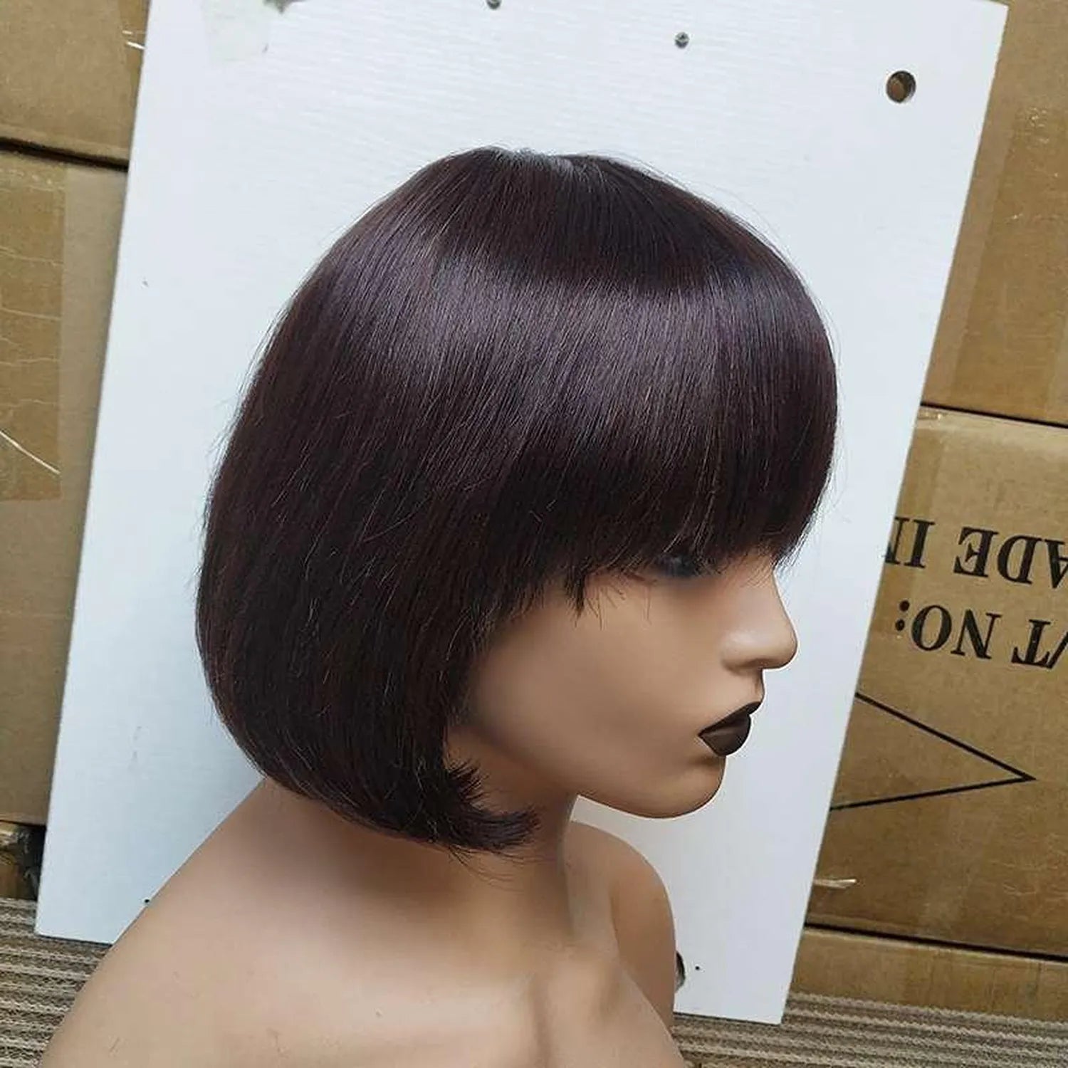 Short bob human hair wig bangs natural black virgin remy tangle-free side profile