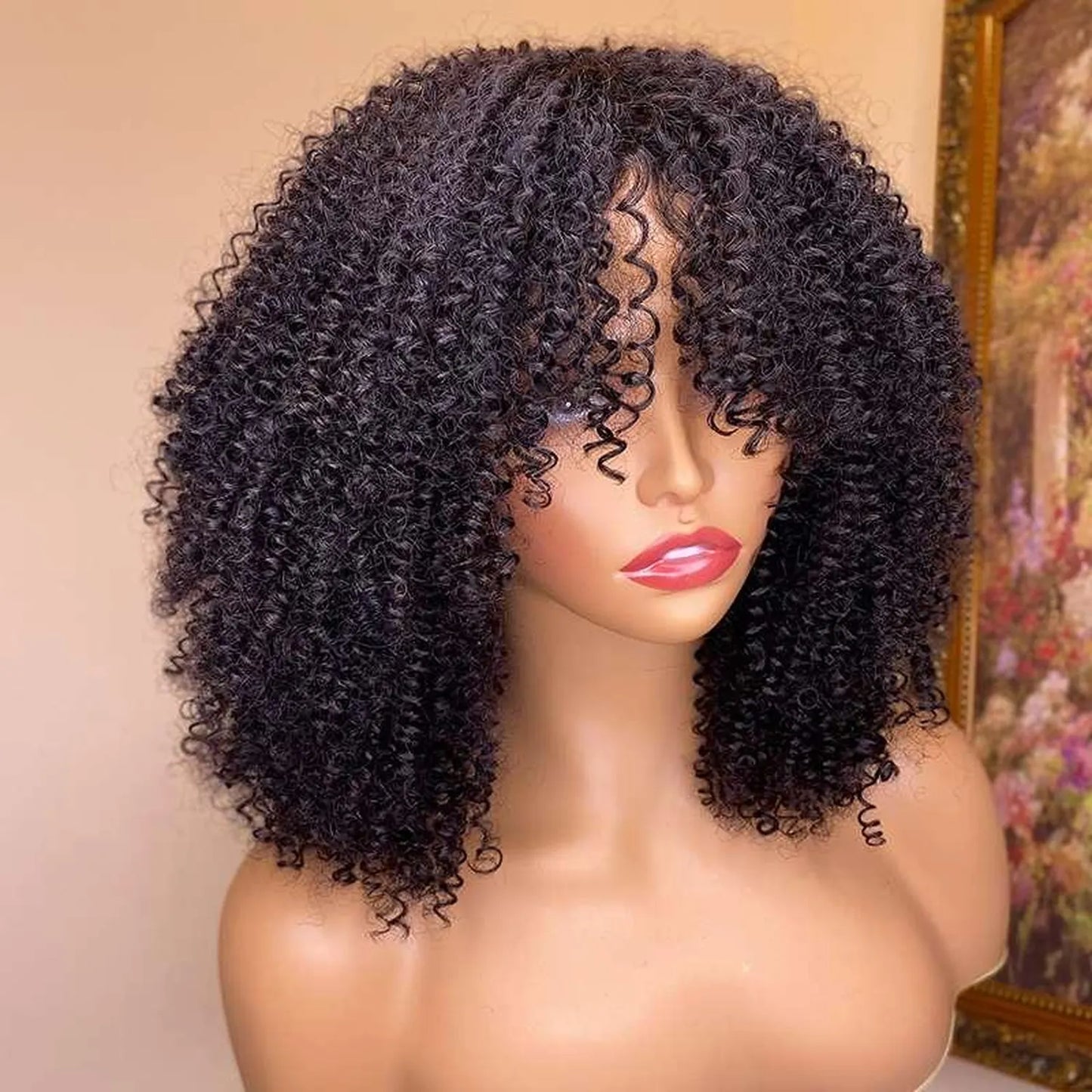 Human hair kinky curly wig natural black texture closeup bangs pre-plucked hairline baby hairs
