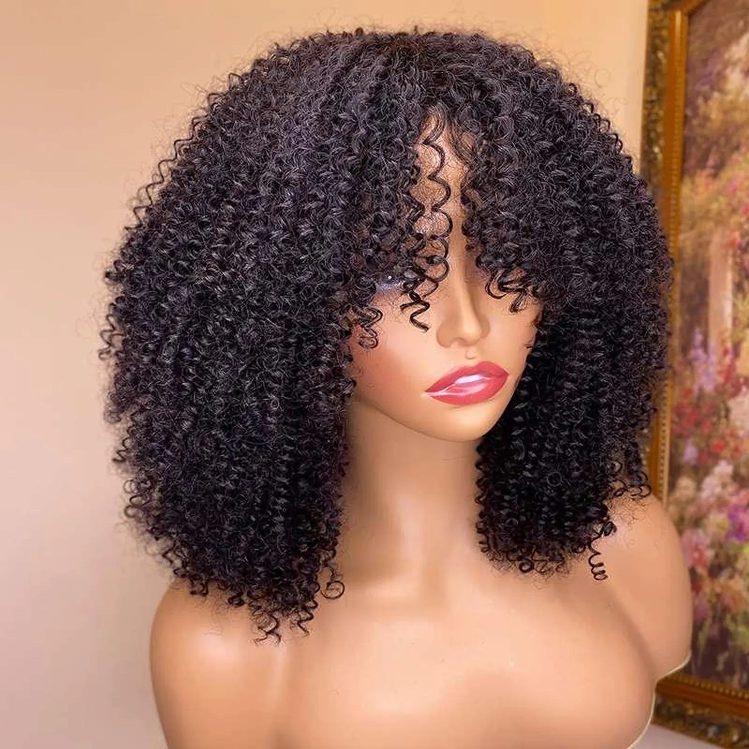 Human hair kinky curly wig natural black texture closeup bangs pre-plucked hairline baby hairs