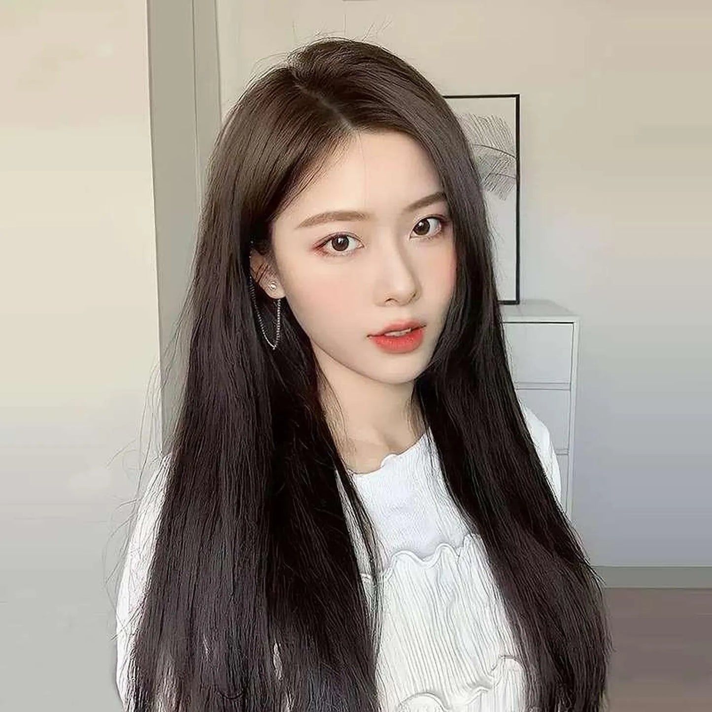 Virgin remy human hair wig natural black straight texture heat resistant 180C front view