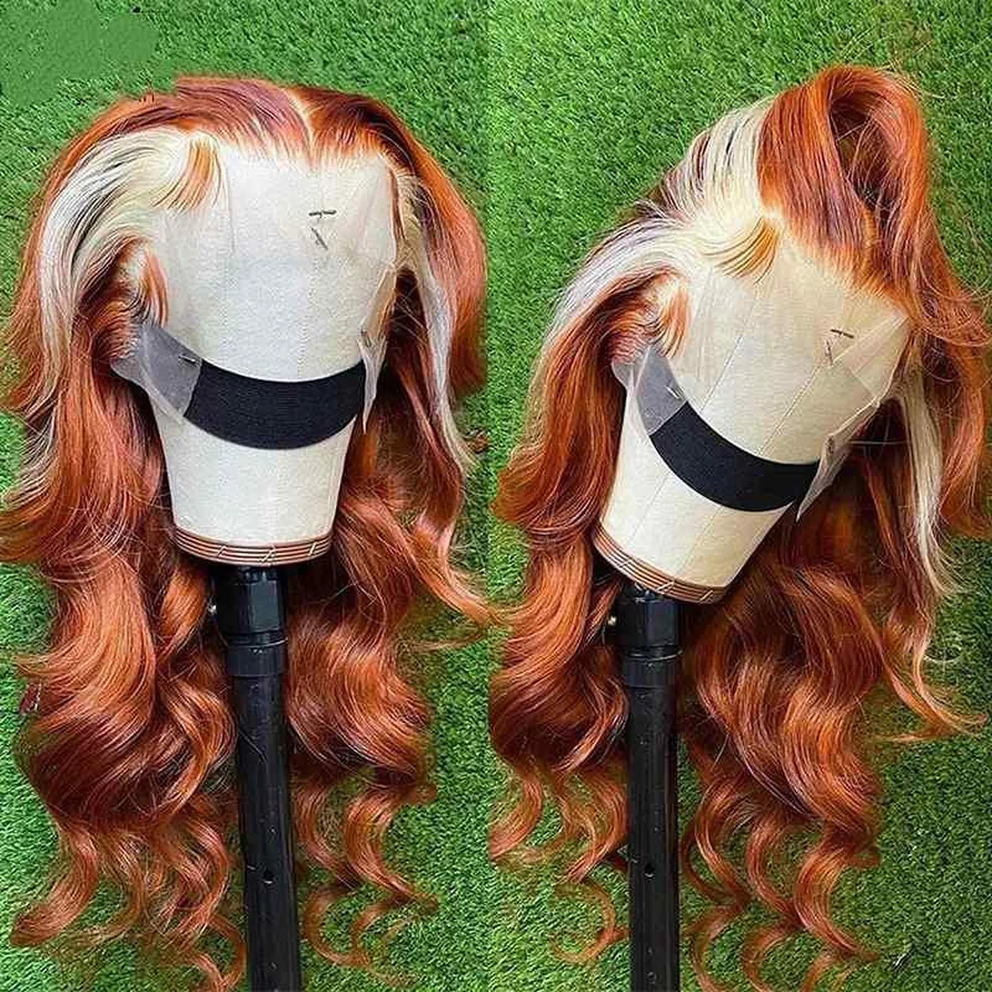 Bronze 613 highlight wavy human hair wig transparent lace 150 density texture closeup