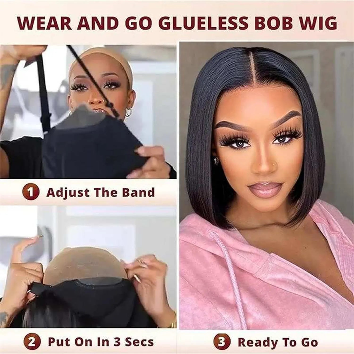 Glueless bob wig human hair installation tutorial three steps adjust band put on ready