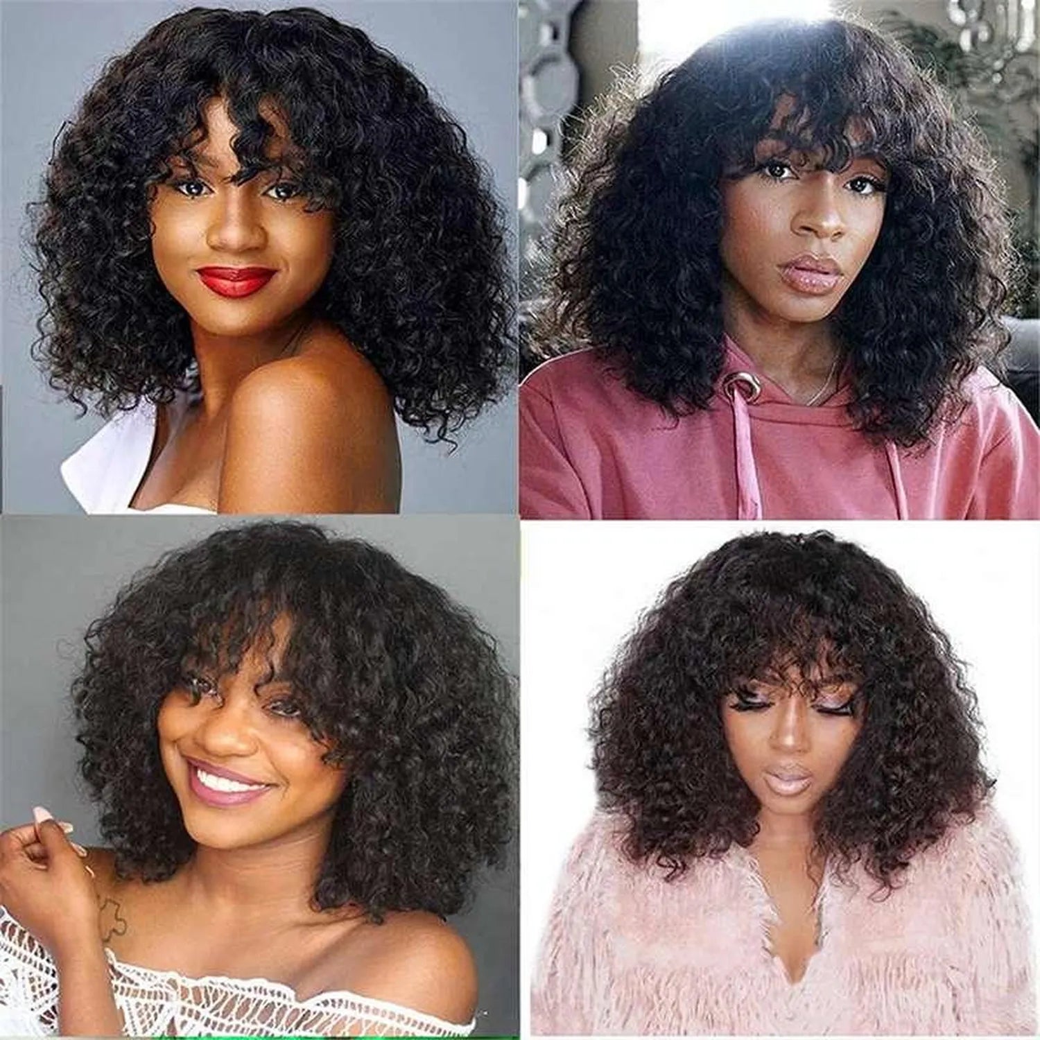 Curly human hair wig with bangs natural black four women cuticle aligned tangle free