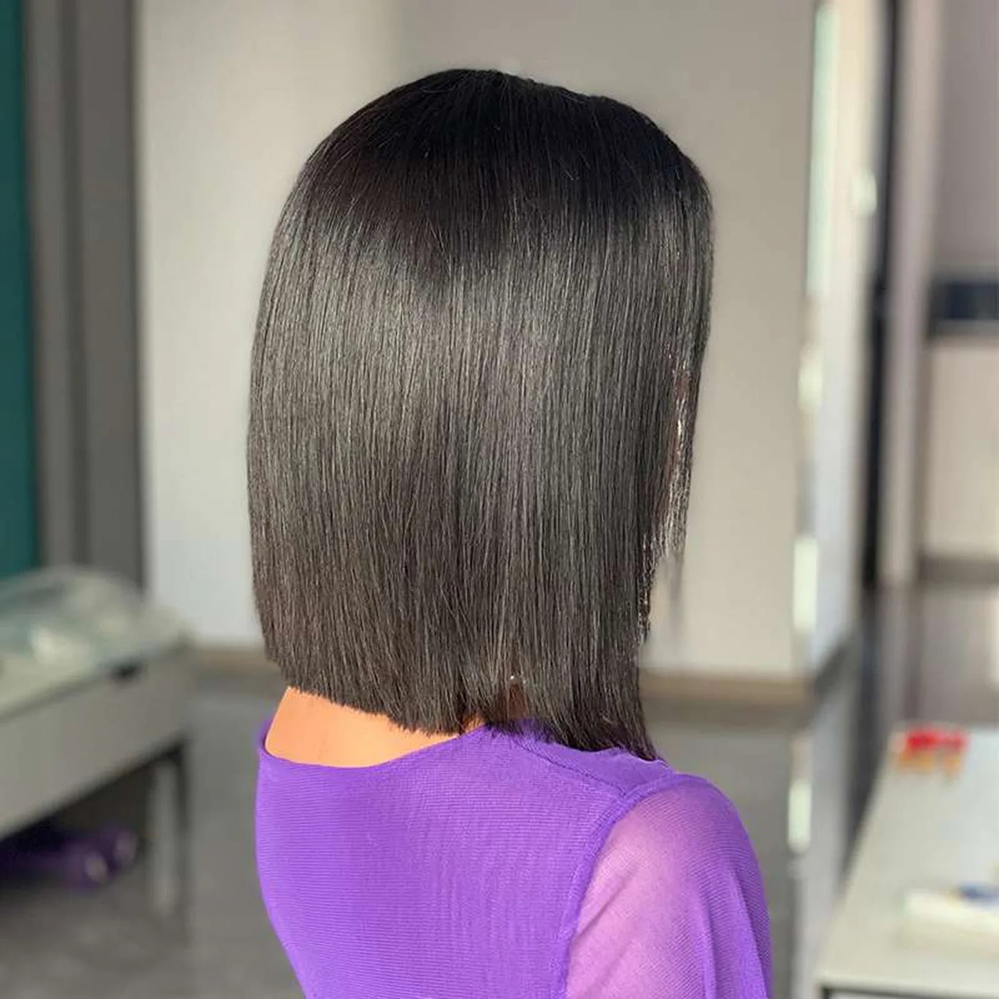 Human hair lace wig straight bob natural black heat resistant 180C back view