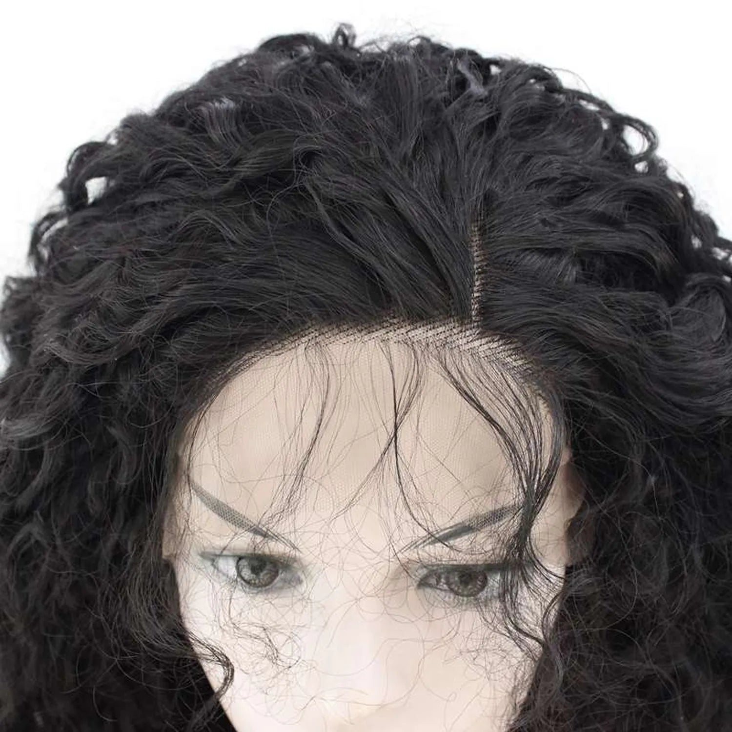 Heat resistant curly synthetic wig 120C safe natural black fiber side profile texture detail