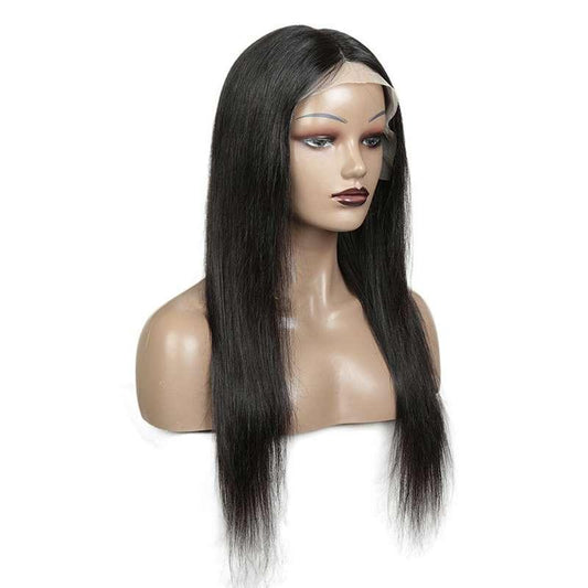 Lace front wig human hair long straight black virgin remy HD lace natural hairline model front view