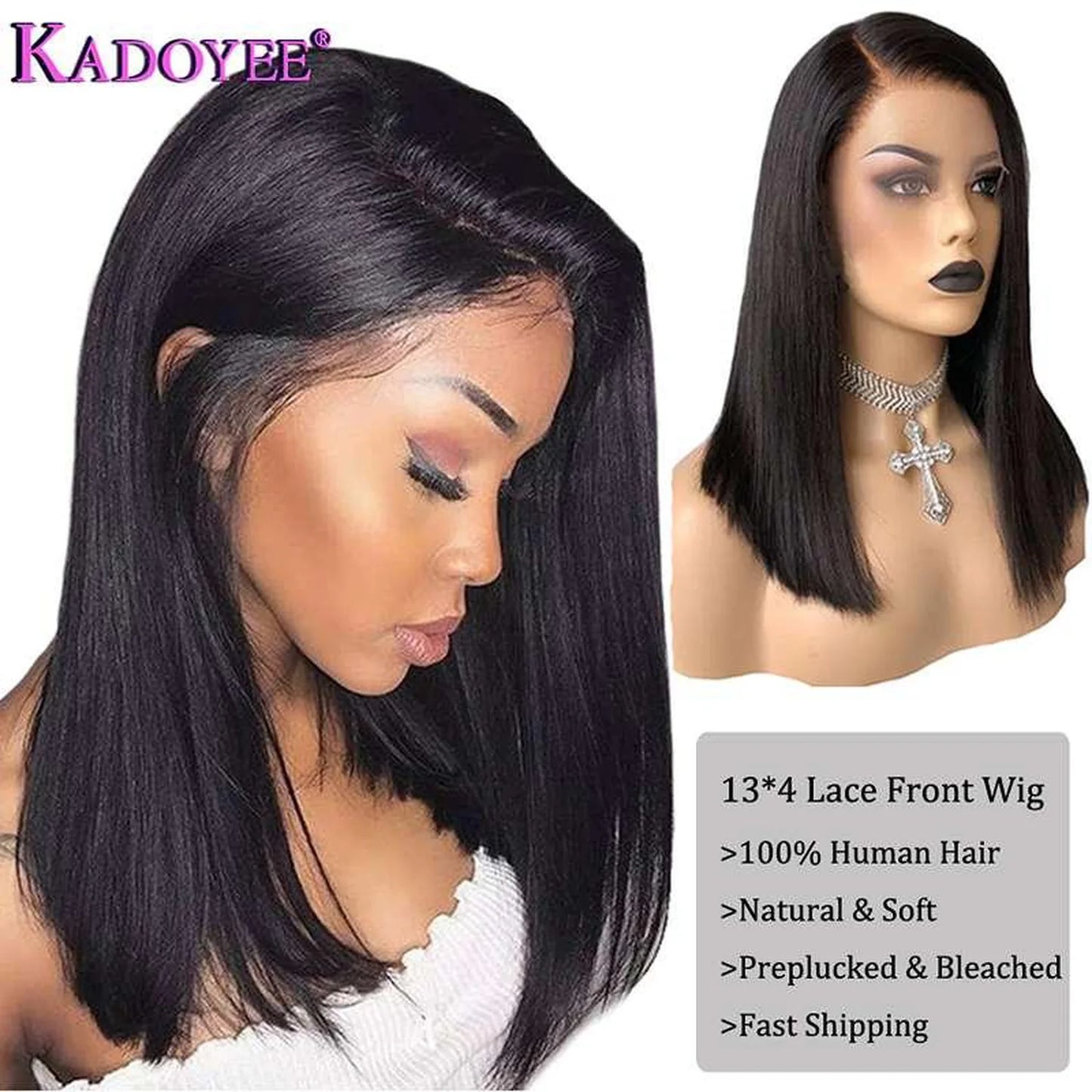 Bob wig human hair 13x4 lace front natural black straight texture closeup detail view