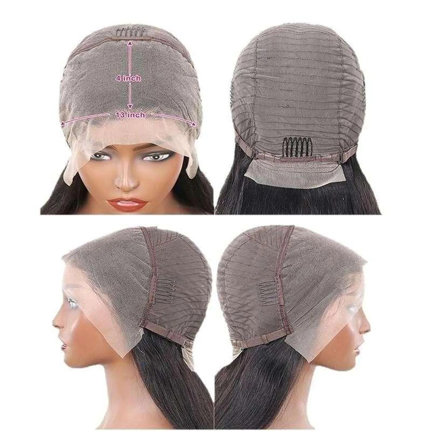 Lace wig cap construction 13x4 adjustable straps combs elastic band four angle views
