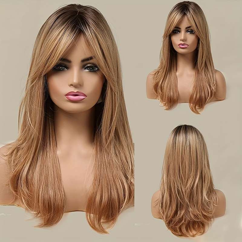 Dual mannequin front display of caramel brown long wavy heat resistant synthetic wig with natural curls