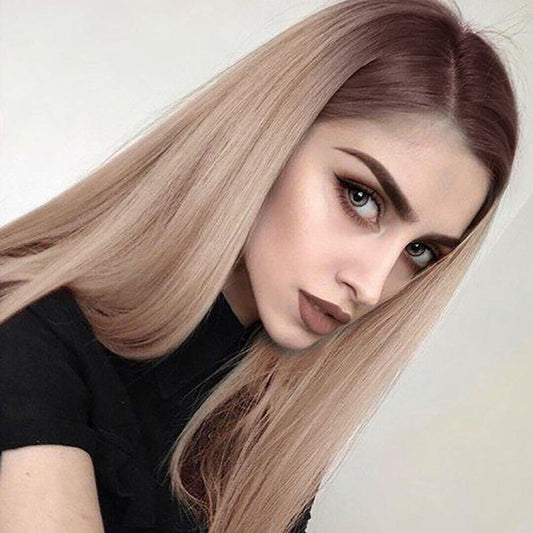 26 inch straight blonde synthetic wig with middle part shown from front view on model
