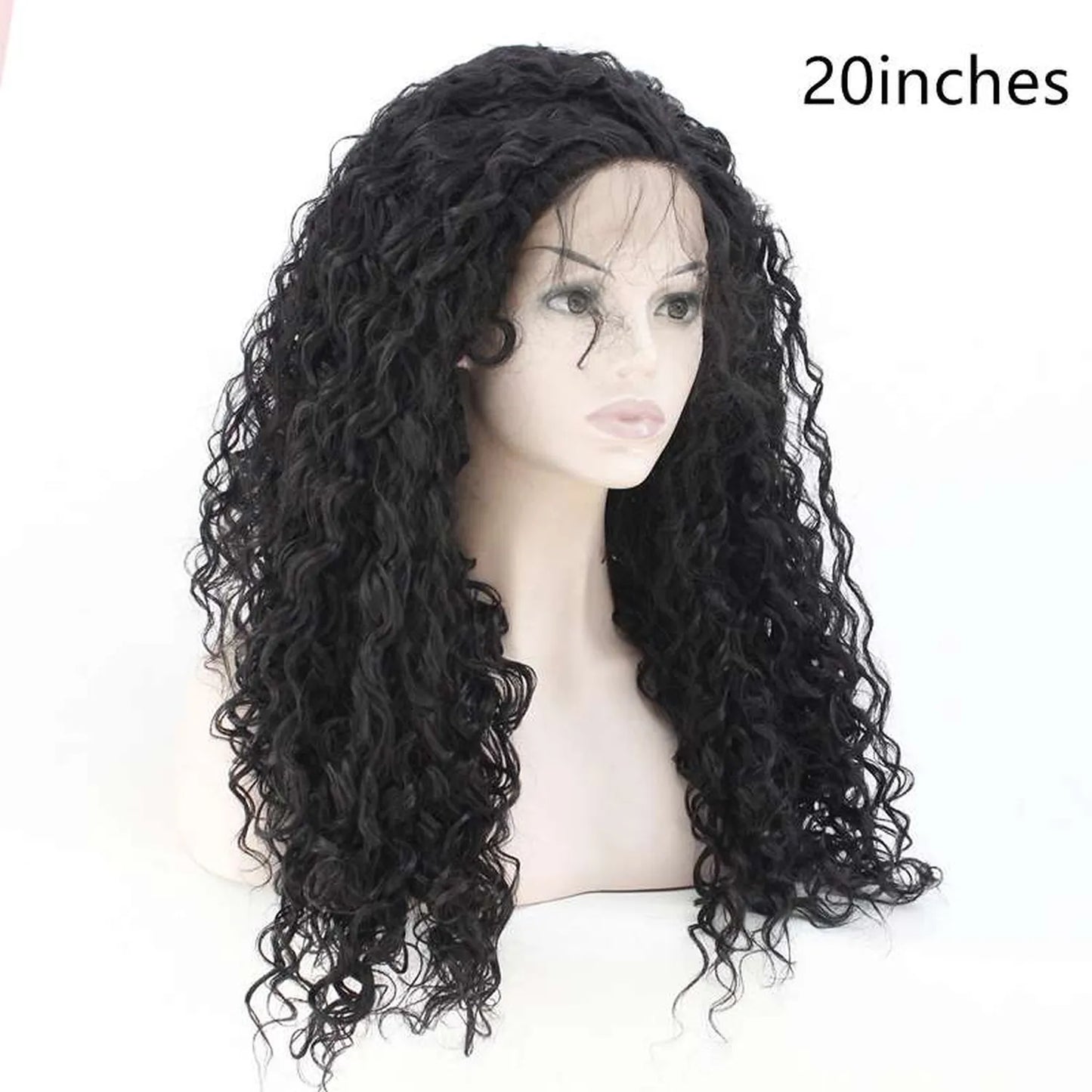 Heat resistant curly synthetic wig 120C safe natural black fiber side profile texture detail