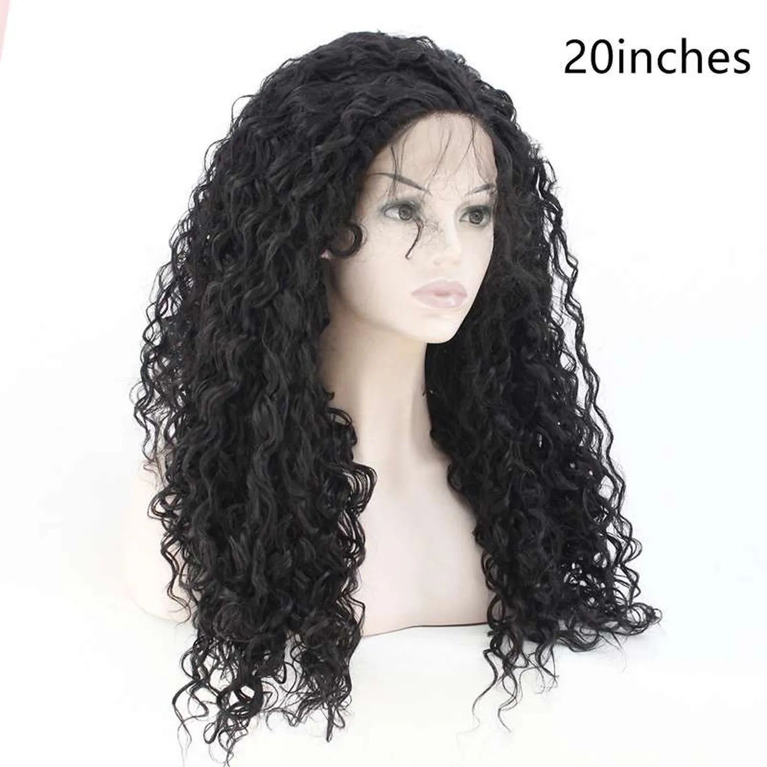 Heat resistant curly synthetic wig 120C safe natural black fiber side profile texture detail