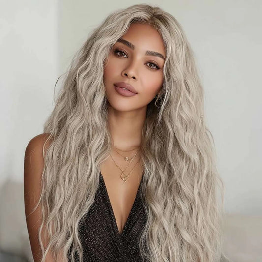 Grey ombre synthetic wig long wavy heat resistant fiber black gradient lace construction