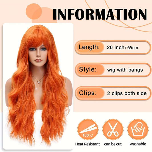 Vibrant long orange synthetic wig with wavy texture cascading down, heat-resistant fiber construction, 28-inch length perfect for dramatic transformation
