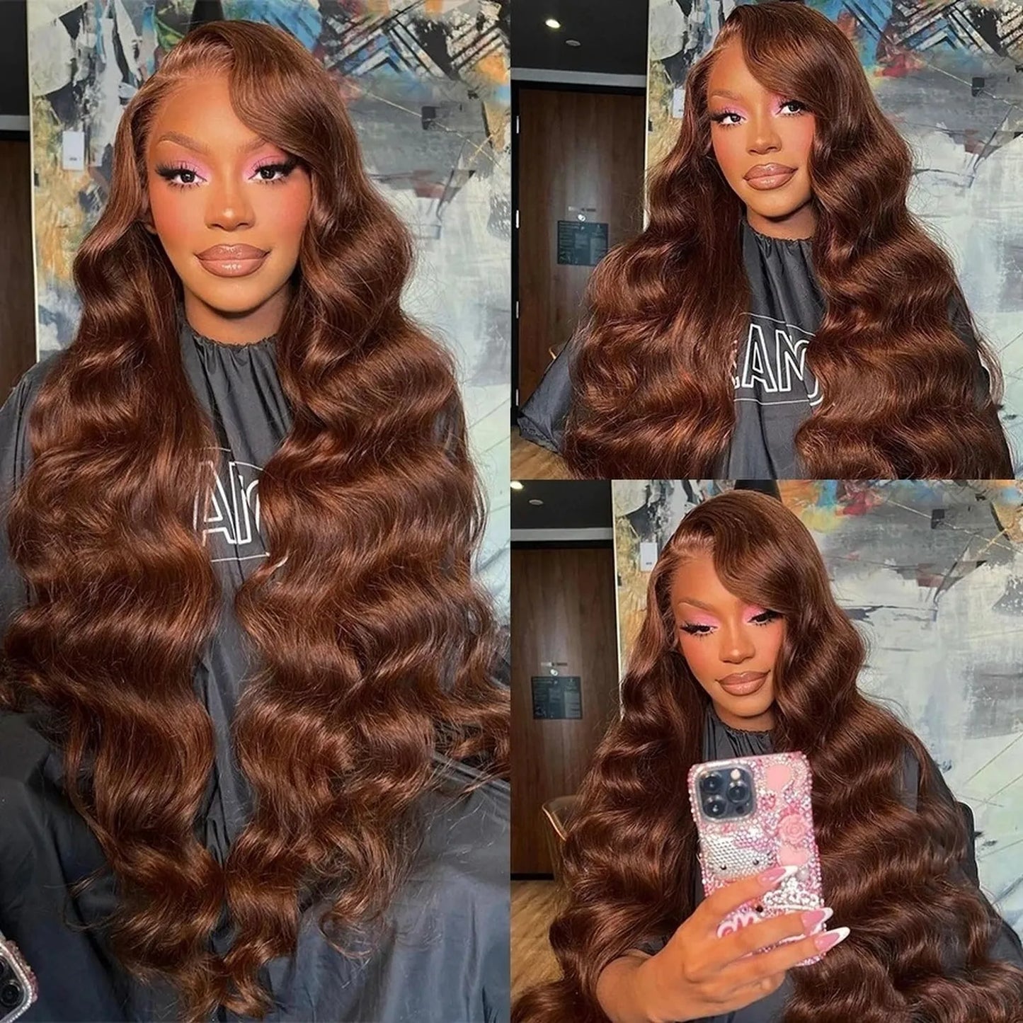 Wavy brown human hair wig natural texture 150% density heat resistant 180C triple view detail