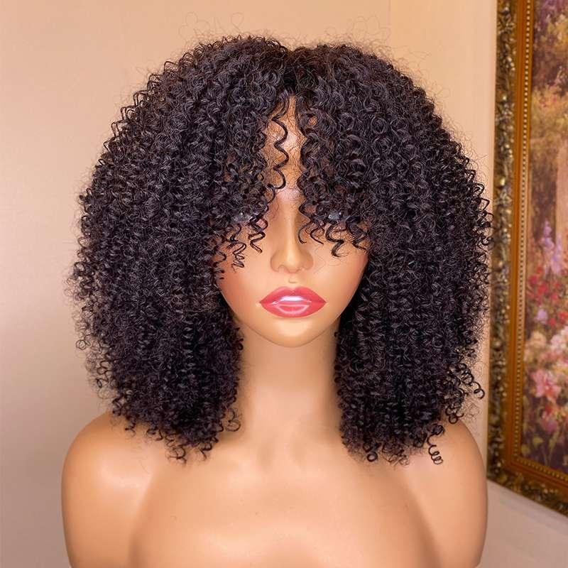 Natural black kinky curly human hair wig closeup texture detail view
