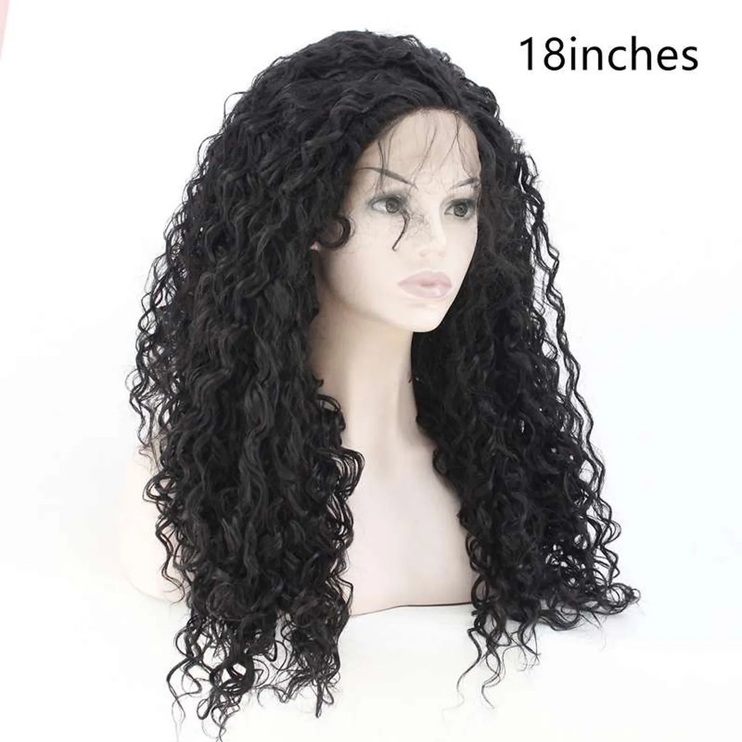 Black curly synthetic wig lace front natural hairline comfortable wear front view smiling model