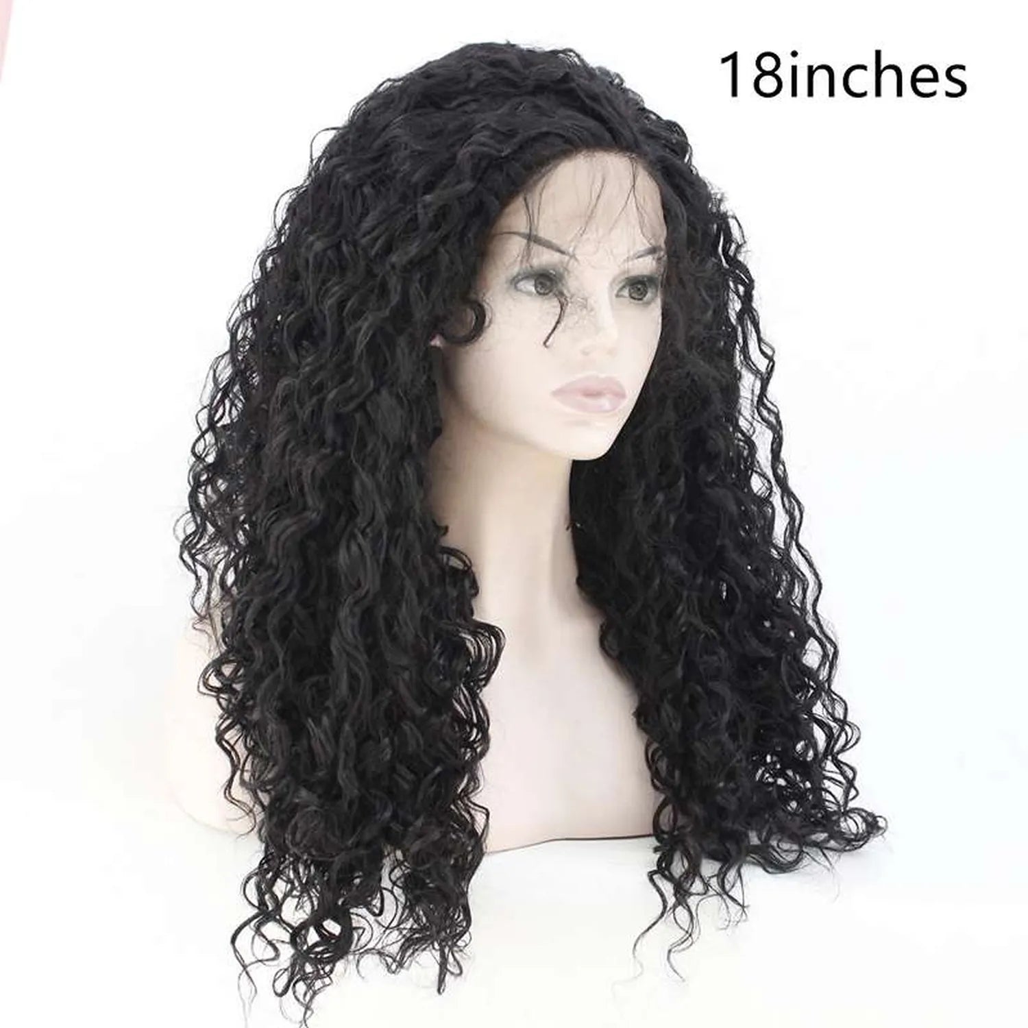 Black curly synthetic wig lace front natural hairline comfortable wear front view smiling model