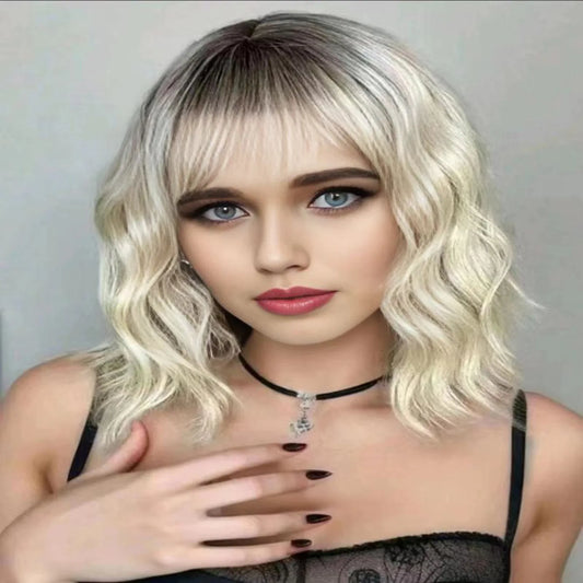 Wavy wig with bangs 14 inch synthetic ombre brown for women front view
