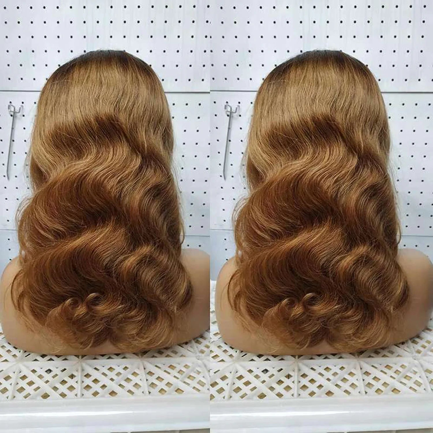 Wavy human hair wig back view ombre black blonde lace natural texture