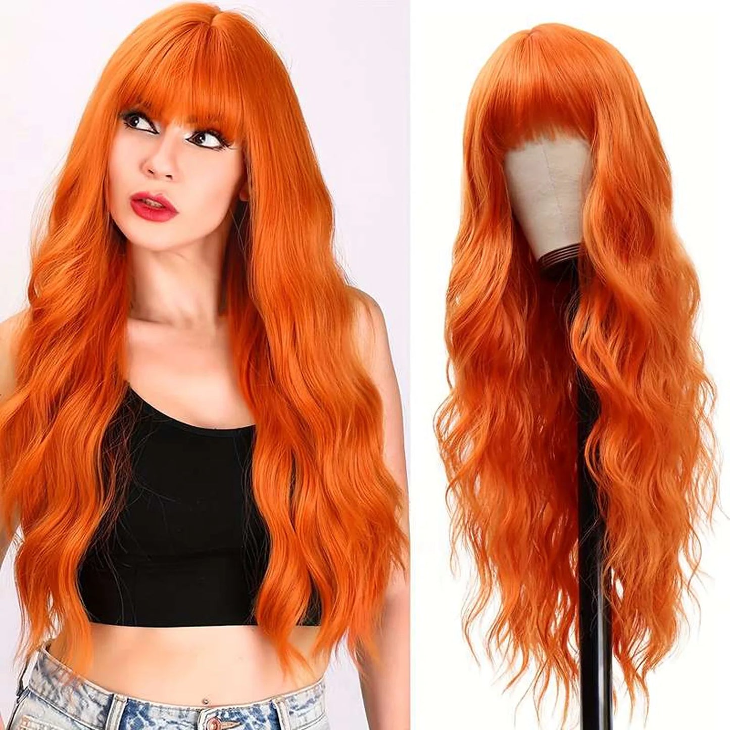 28-inch long orange wavy wig full length view synthetic heat-resistant fiber complete display