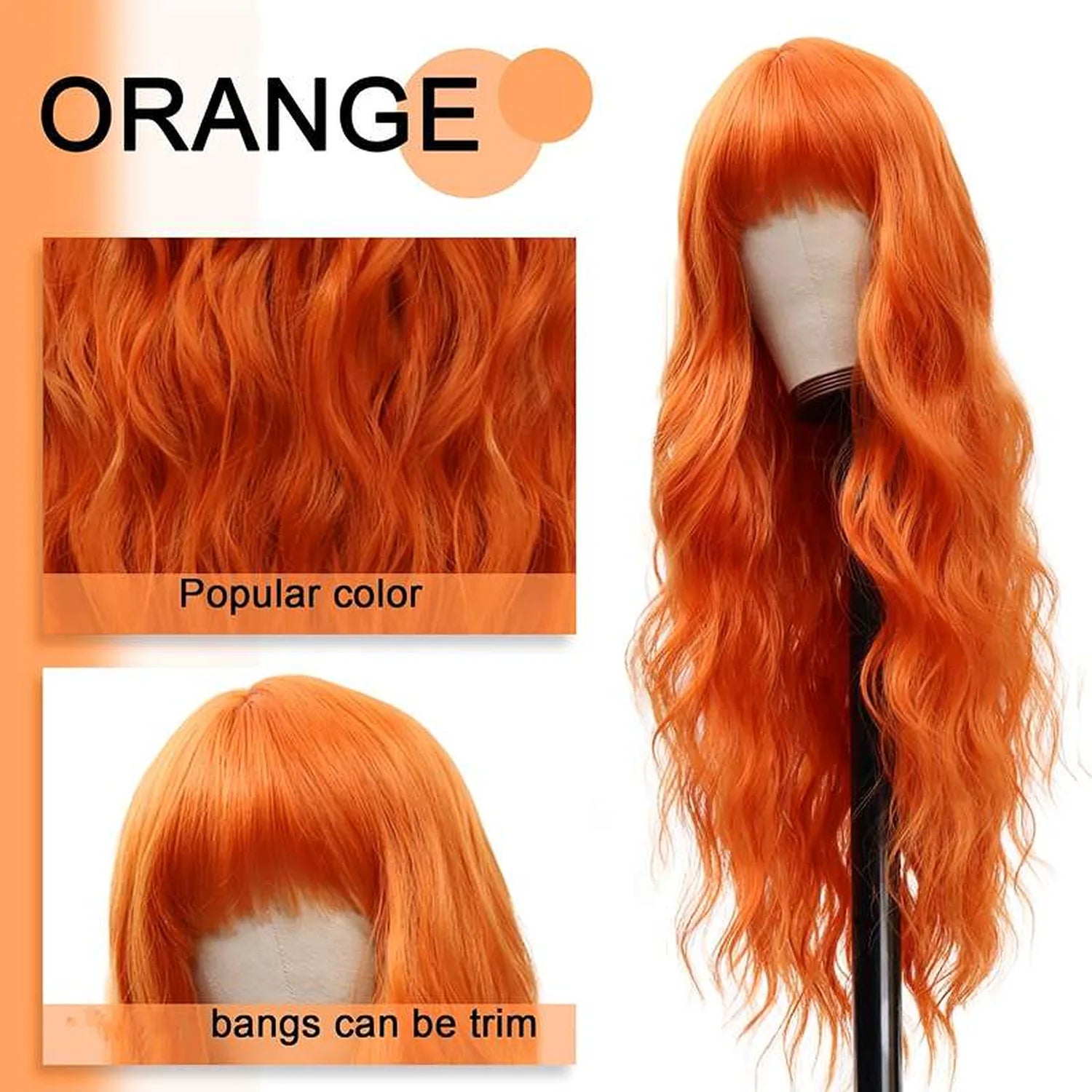 Orange synthetic wig fiber texture closeup showing wavy pattern and heat-resistant quality details