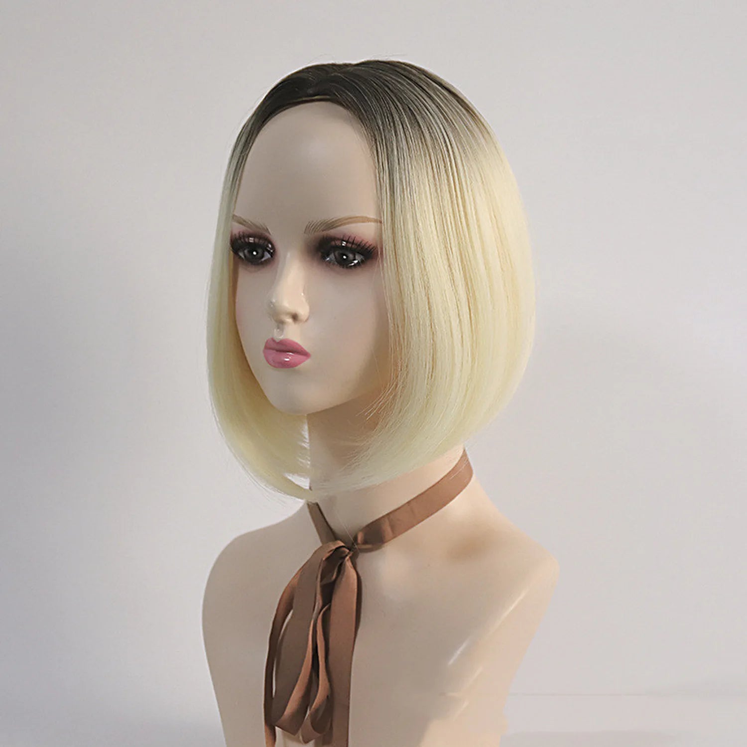 Short bob wig model side profile blonde ombre gradient synthetic hair natural hairline
