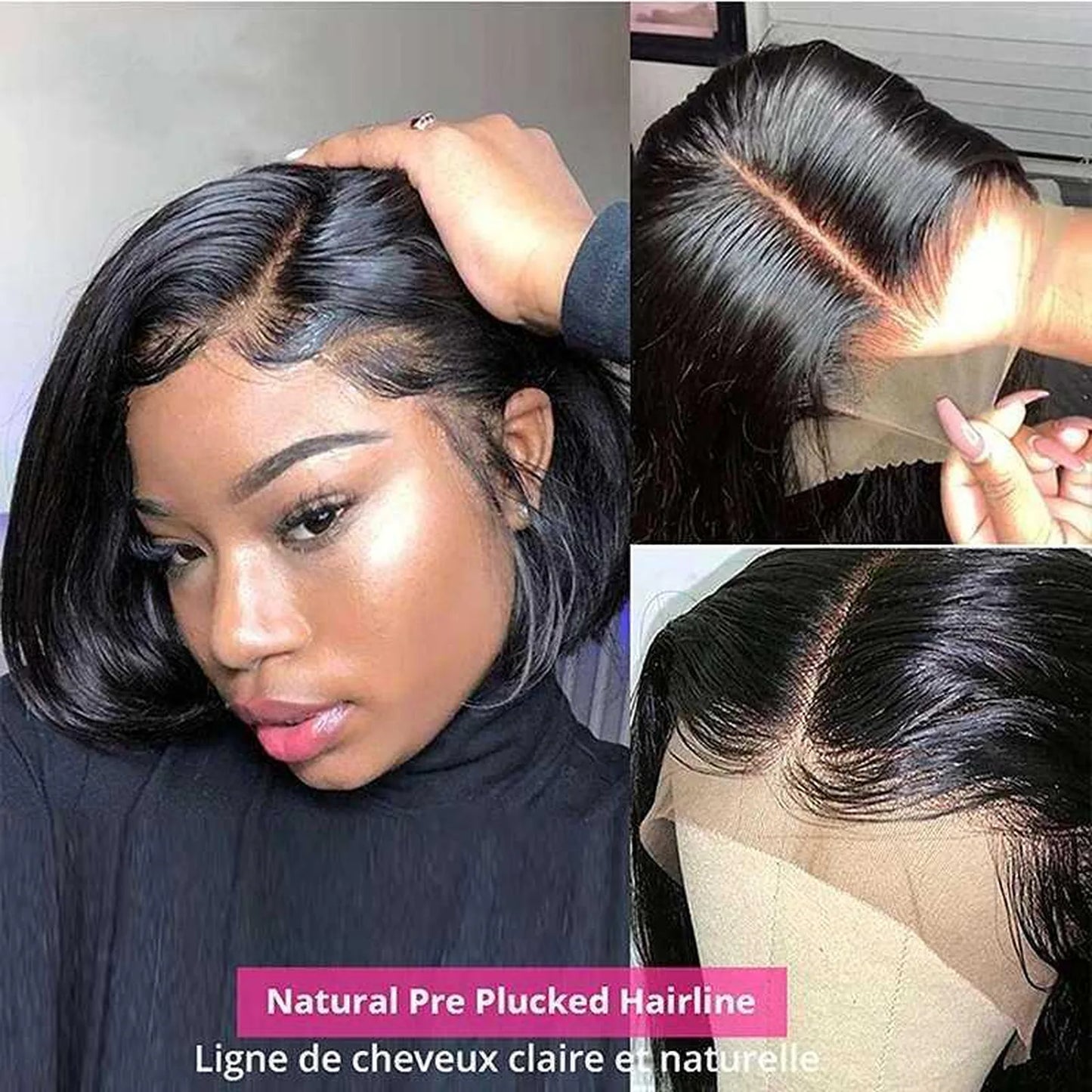 Natural black bob wig 13x4 lace front human hair three angle views construction detail