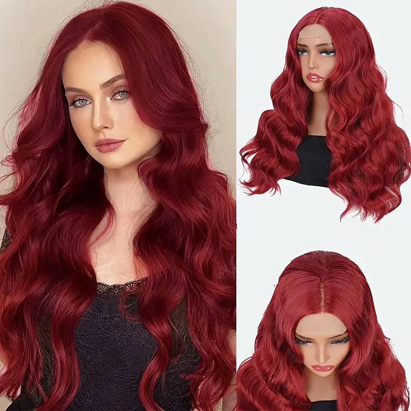 Heat resistant red wavy wig synthetic fiber multiple views 24 inch lace front