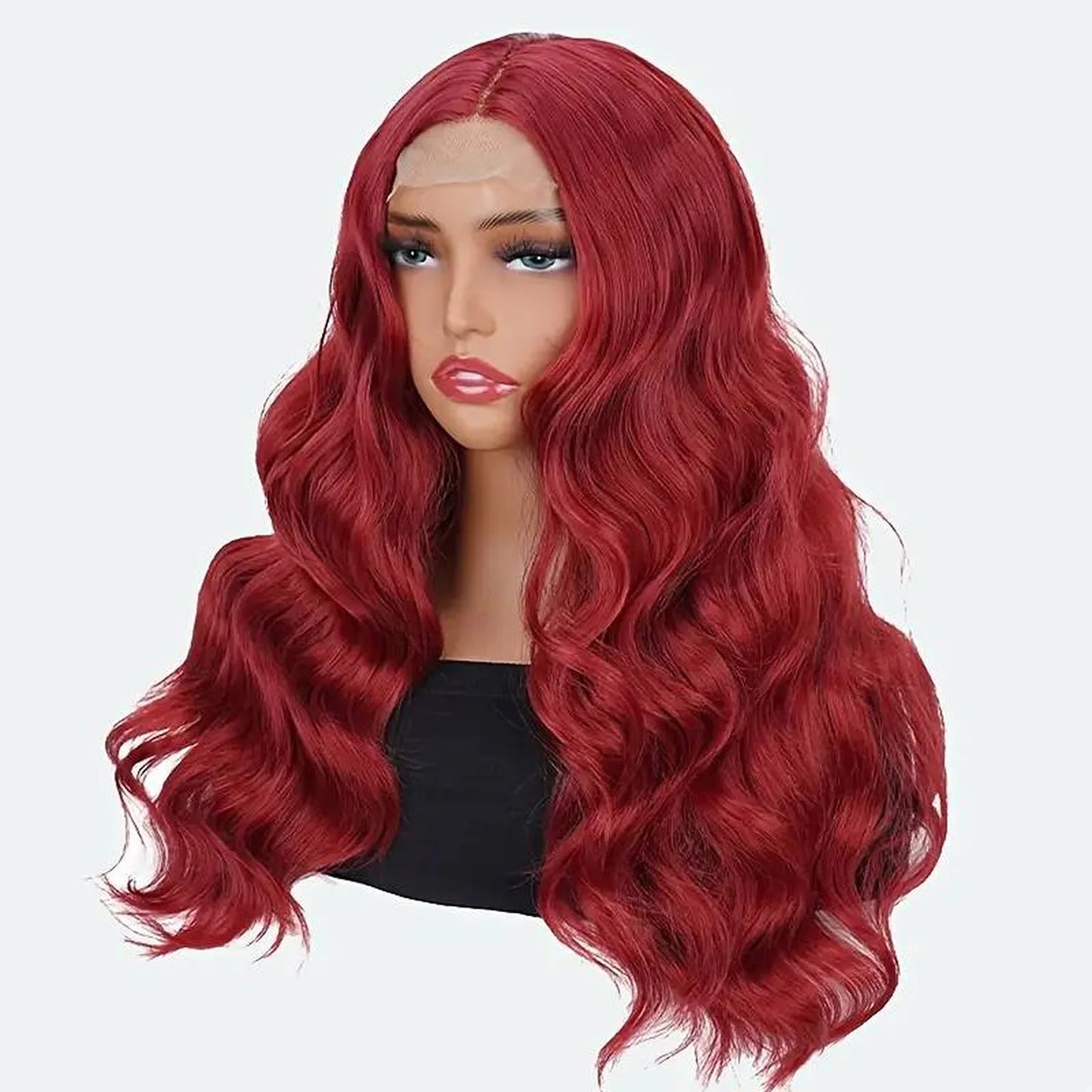 Vibrant red synthetic wig wavy texture 24 inch heat resistant front view closeup