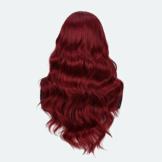 Long wavy red synthetic wig 24 inch heat resistant back view full length