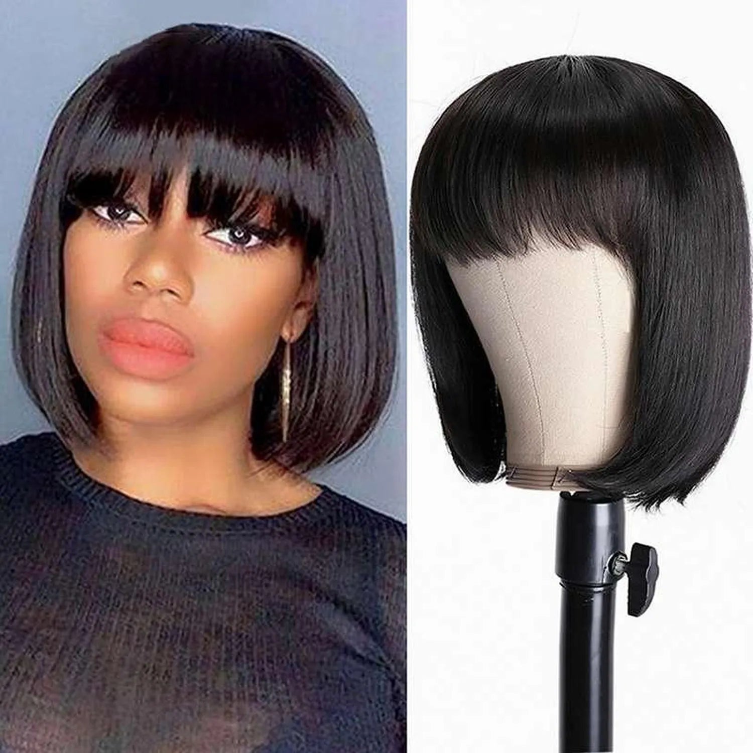 Human hair bob wig HD lace cap breathable construction adjustable straps combs detail view