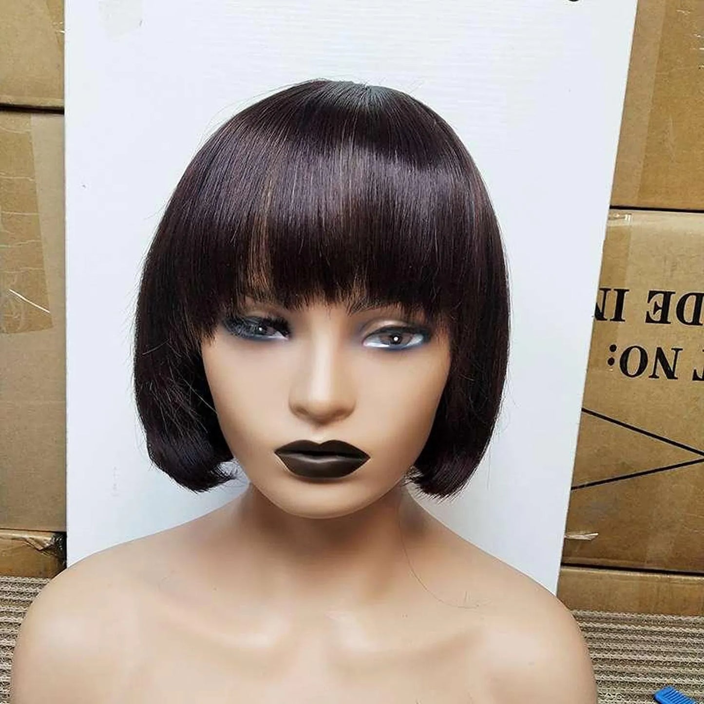 Human hair bob wig natural black bangs pre-plucked hairline baby hairs HD lace front view