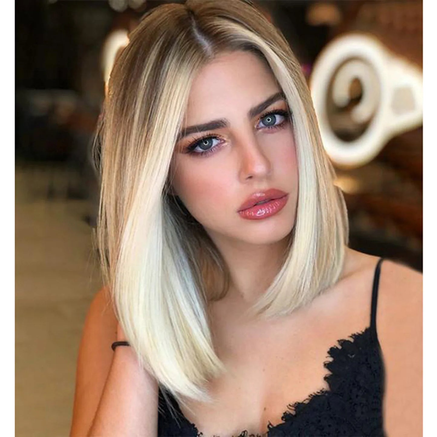 Gradient blonde bob wig model wearing front view natural hairline premium synthetic quality