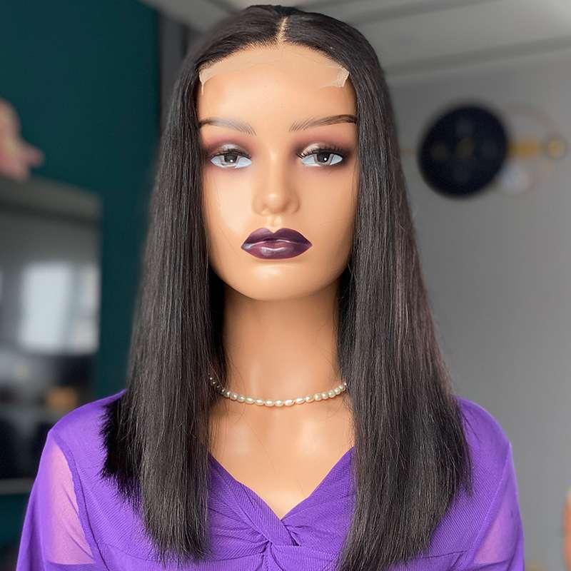 Silky straight human hair wig 16 inch length glossy finish heat resistant
