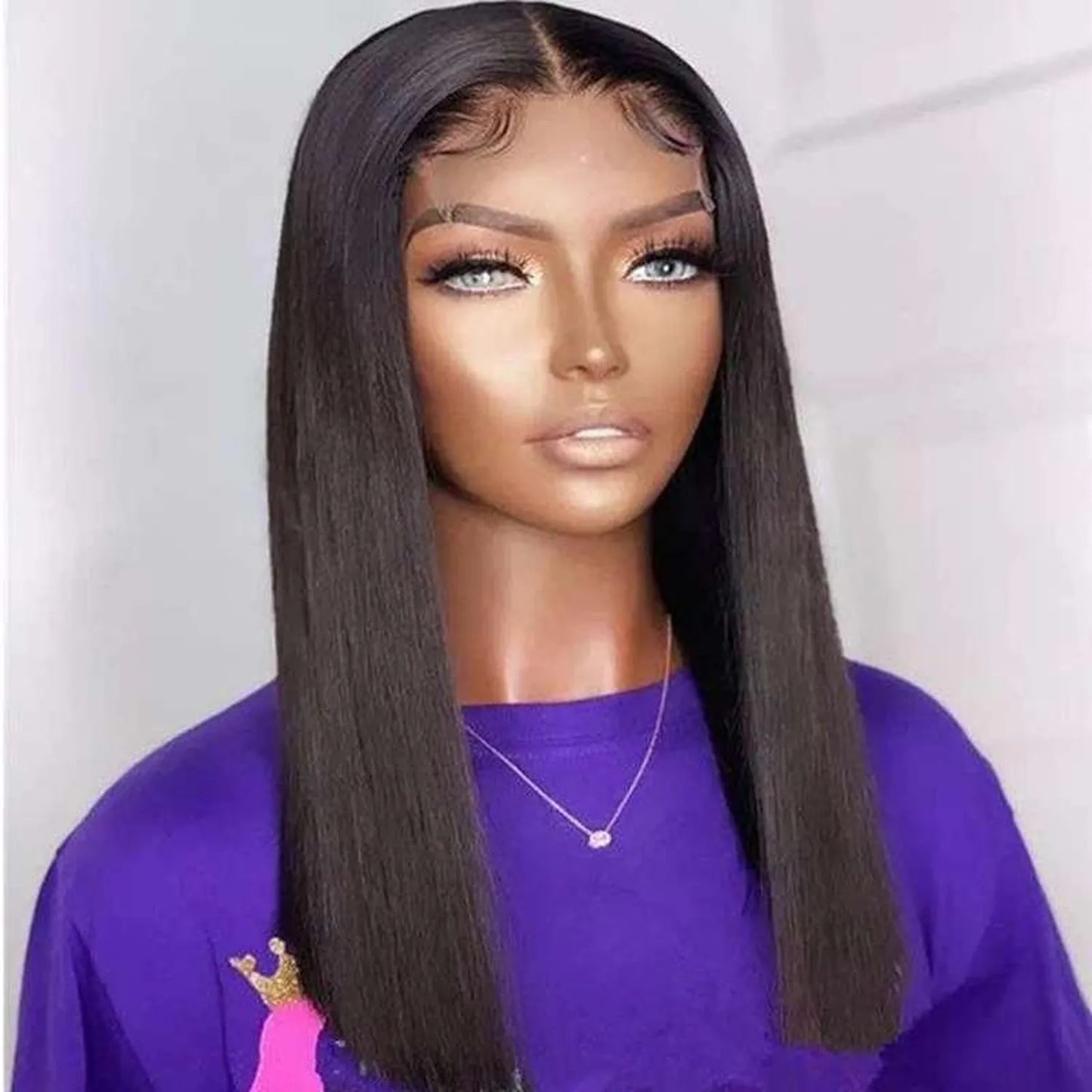 Lace front wig bone straight human hair natural black pre-plucked hairline closeup model
