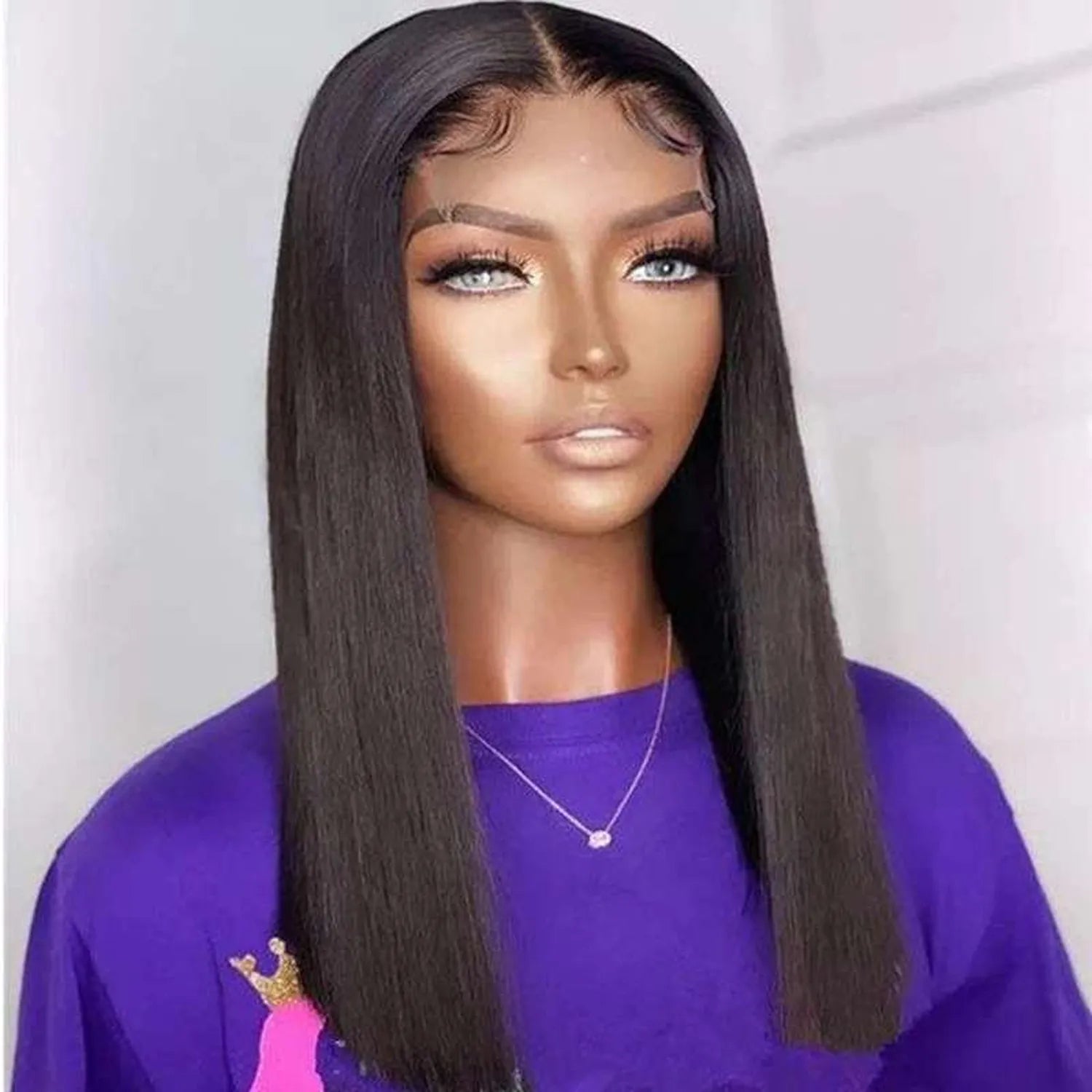 Lace front wig bone straight human hair natural black pre-plucked hairline closeup model