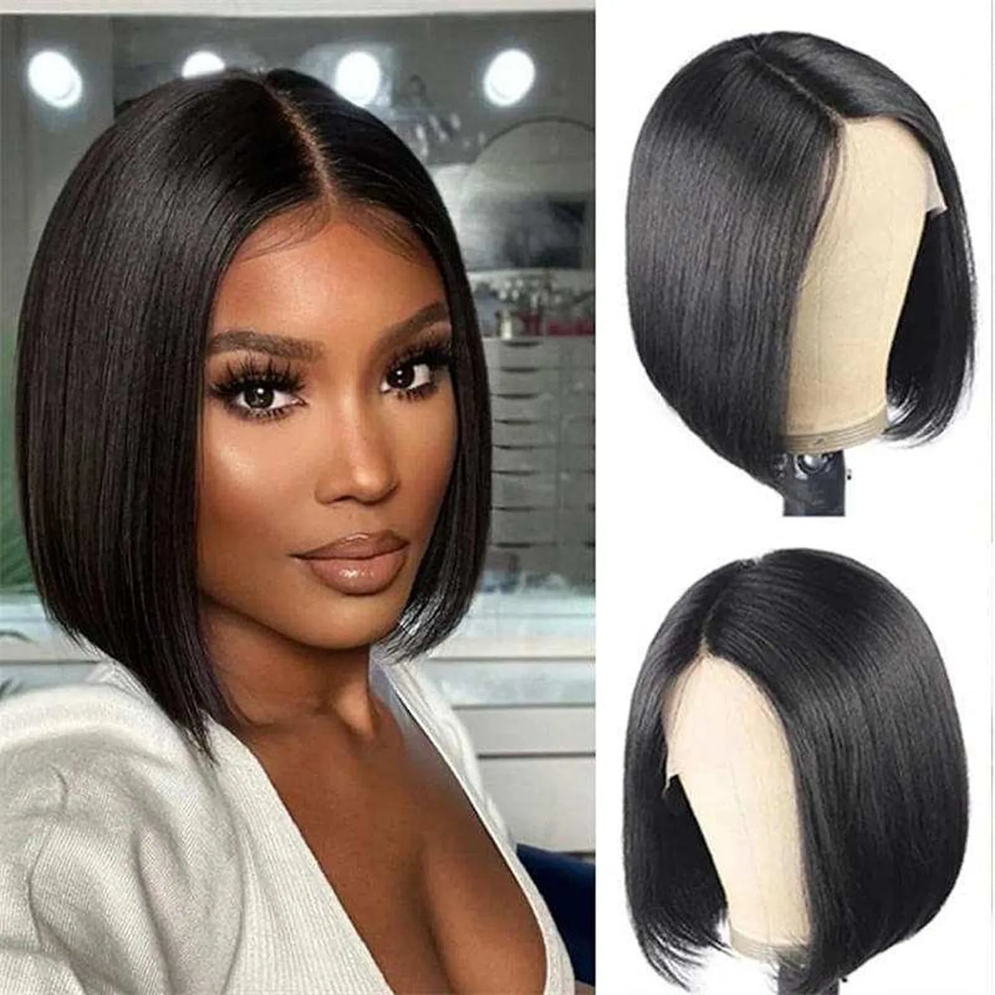Straight black bob wig glueless human hair model wearing wig cap front side angle