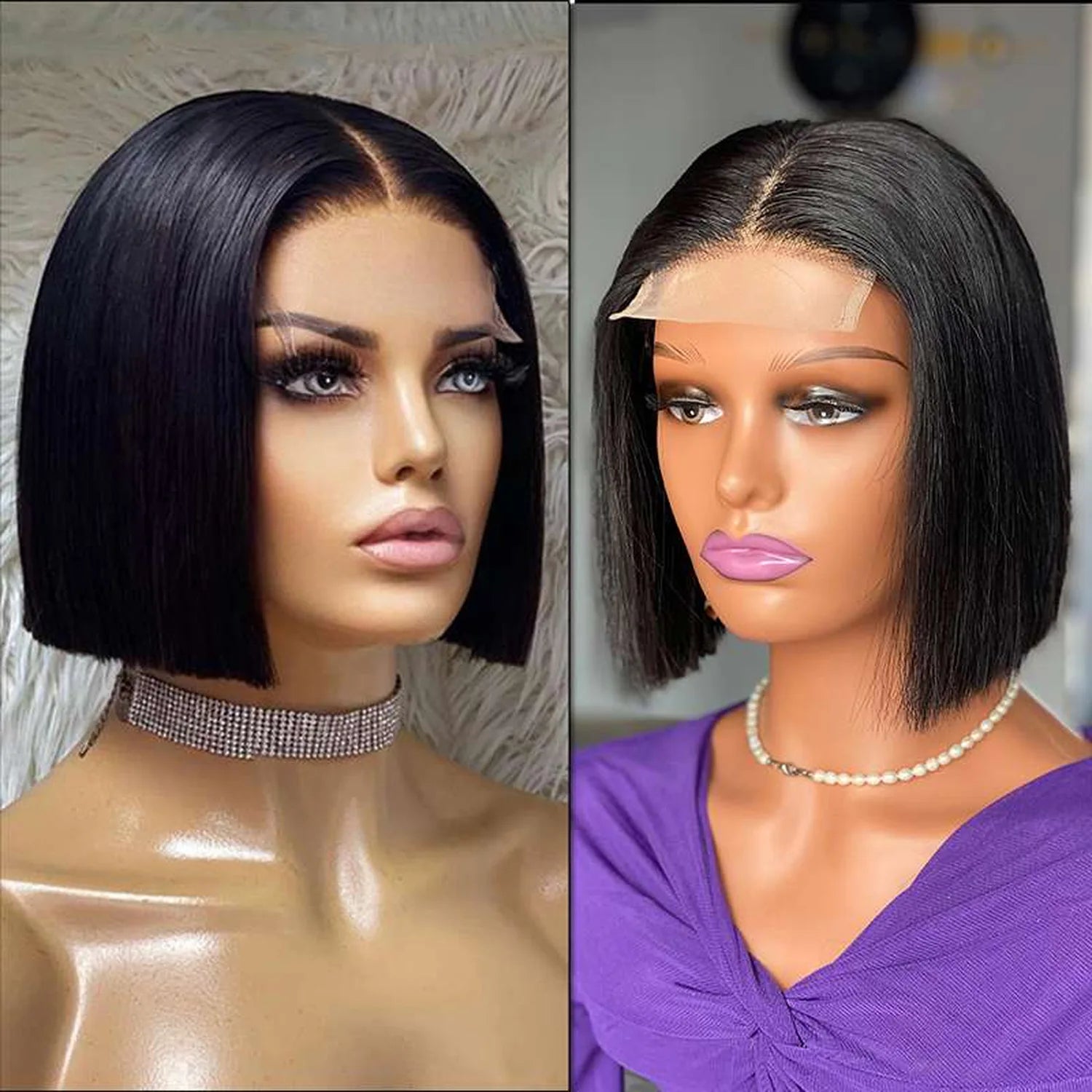 Lace front wig human hair straight bob natural black virgin remy dual view