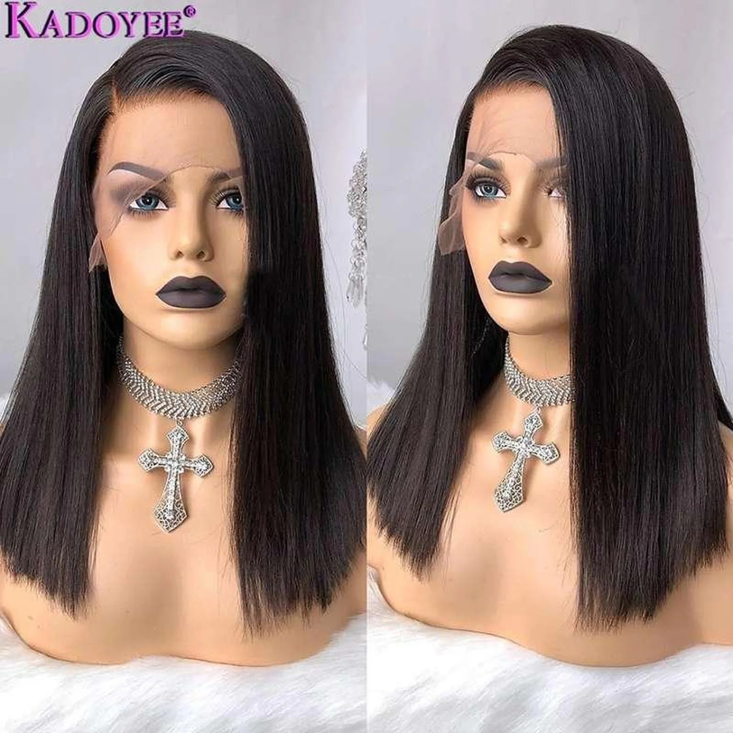 Straight bob wig natural black human hair 13x4 lace front pre-plucked side profile view
