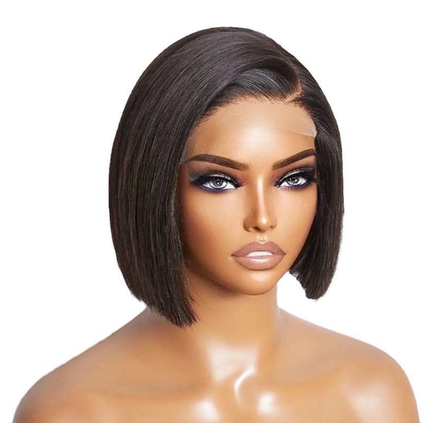 Lace front bob wig human hair straight natural black heat resistant on head