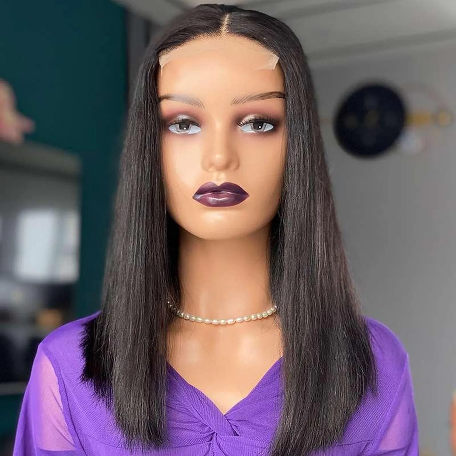 Natural black bone straight wig lace front 16 inch remy human hair model view