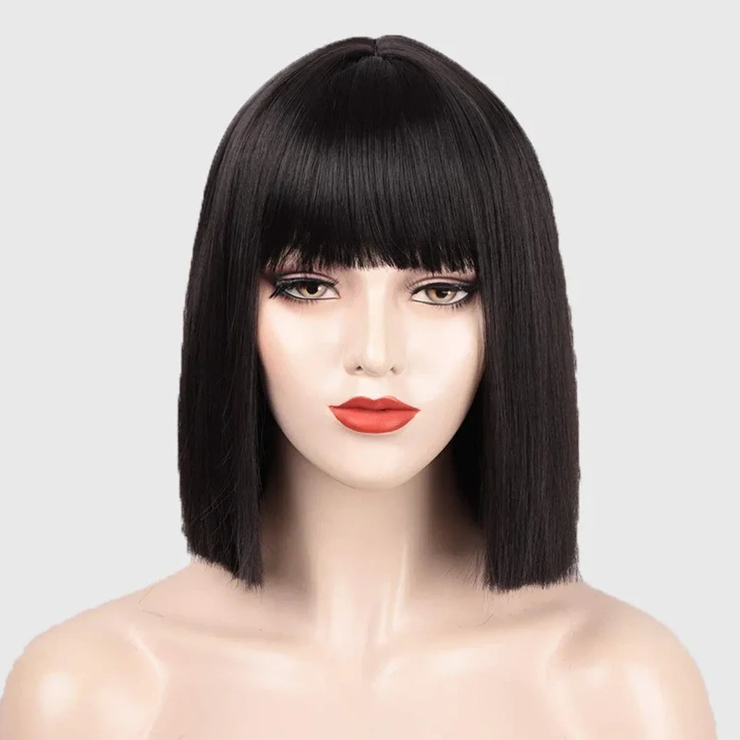 Black synthetic wig back view heat resistant straight texture shoulder length