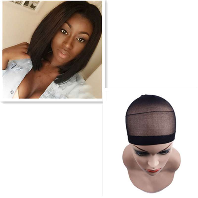Styled black bob wig with mannequin head displaying wig cap construction and quality materials
