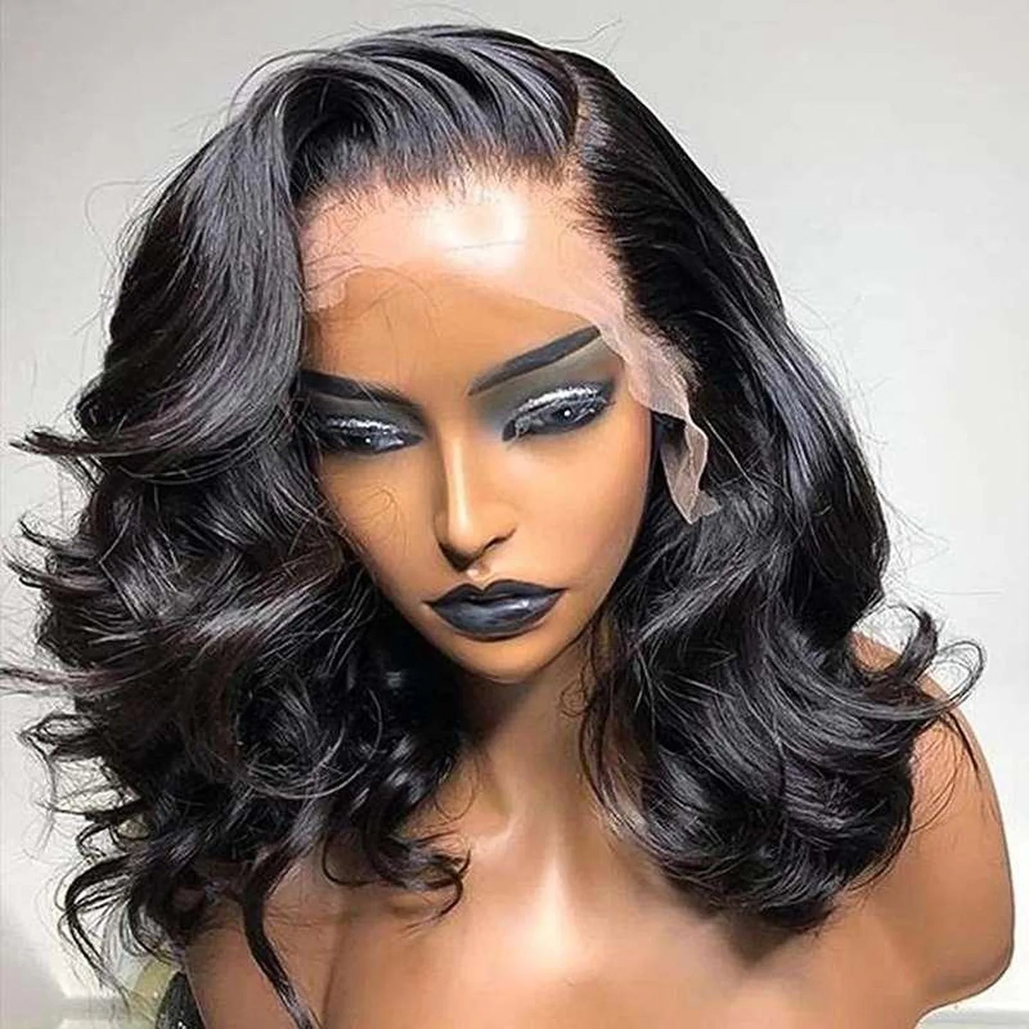 Synthetic curly wig heat resistant fiber natural black shoulder length pre-styled ready to wear