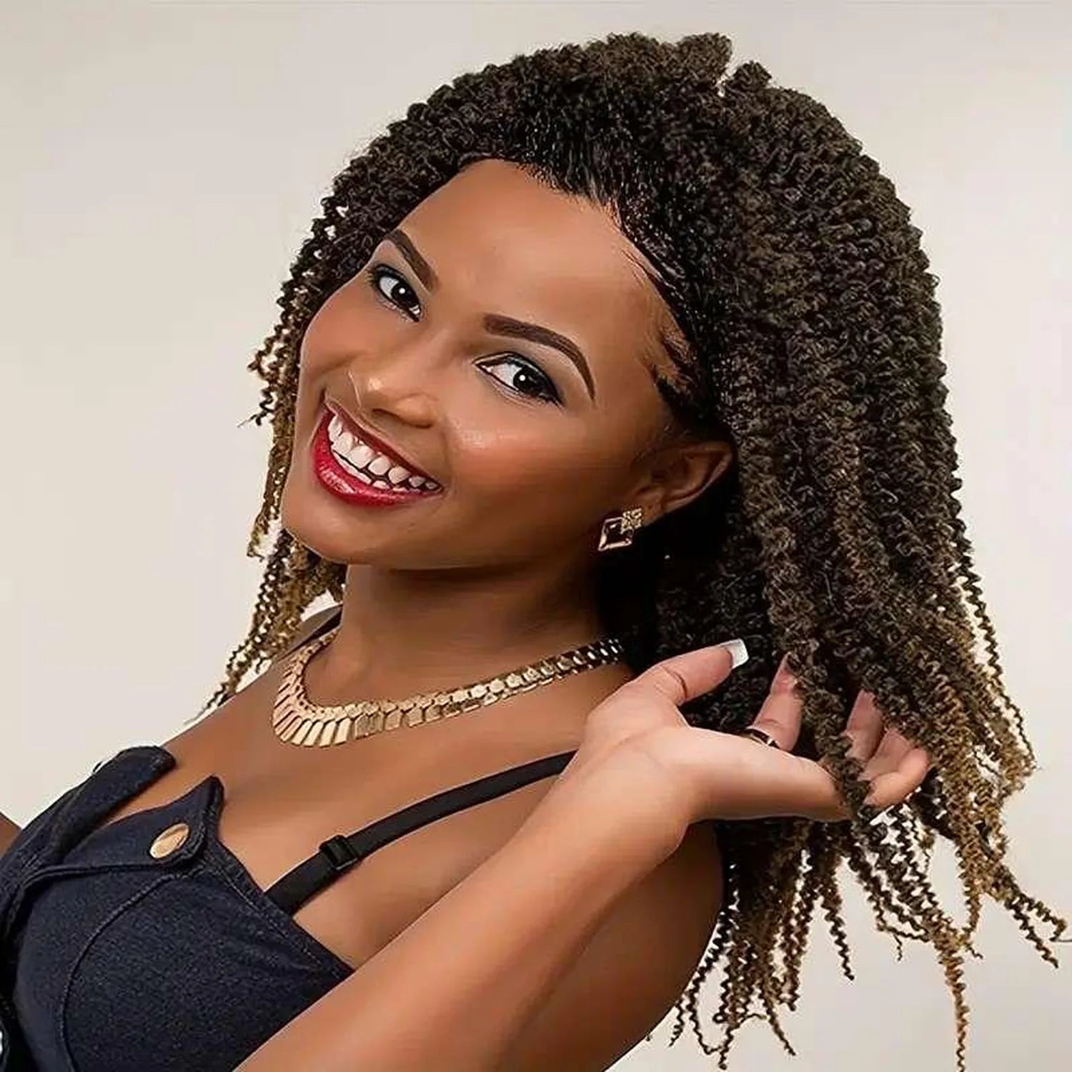 Brown ombre senegalese twist braided wig synthetic fiber pre-styled natural hairline front view